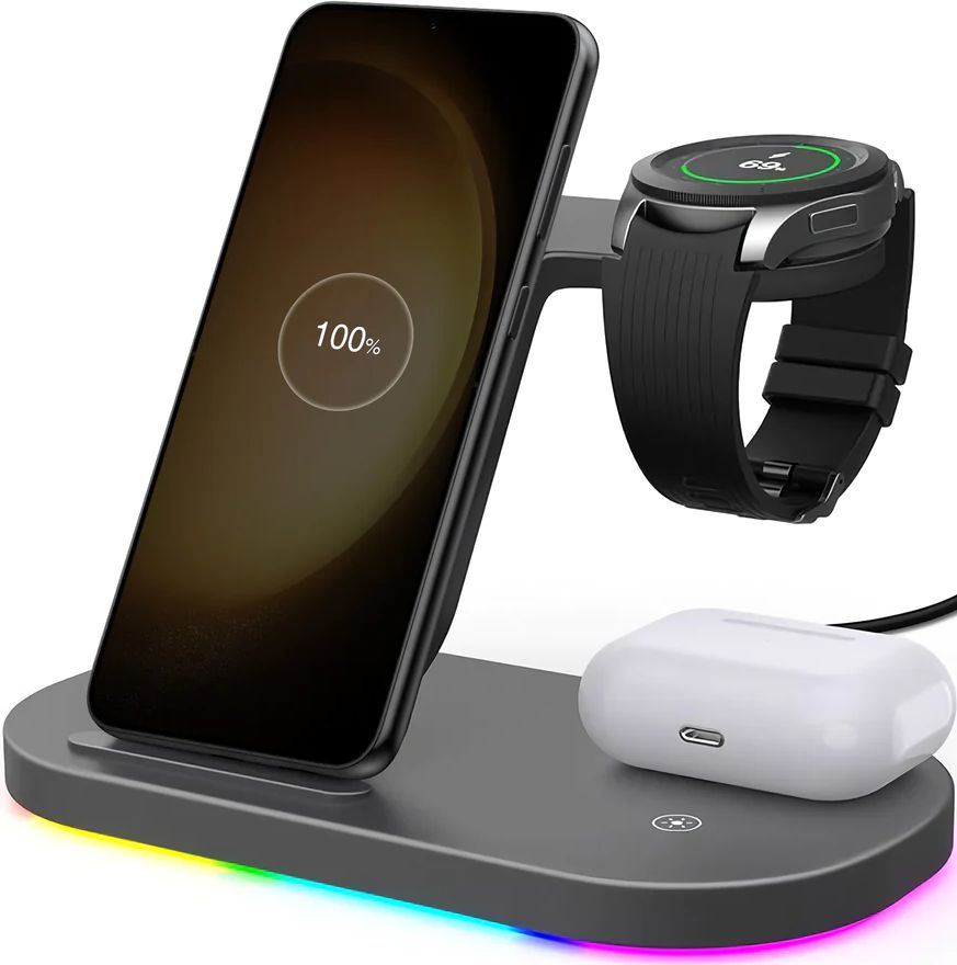 3 in 1 Wireless Charging Stand for Android Devices - Black