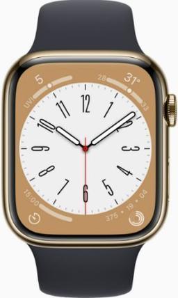 Apple Watch Series 8 (Cellular + GPS) - 32GB - 45mm - Gold Stainless Steel Case with Midnight Rubber Sport Band