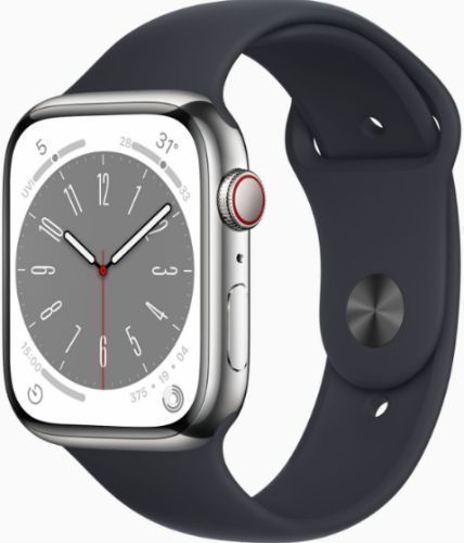 Apple Watch Series 8 (Cellular + GPS) - 32GB - 41mm - Silver Stainless Steel Case with Midnight Rubber Sport Band