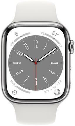 Apple Watch Series 8 (Cellular + GPS) - 32GB - 41mm - Silver Stainless Steel Case with White Rubber Sport Band