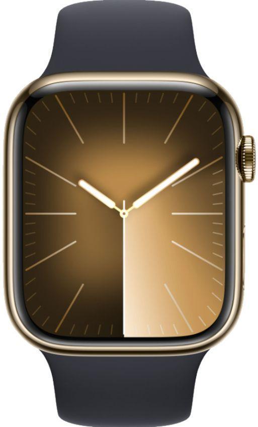 Apple Watch Series 9 (Cellular + GPS) - 64GB - 41mm - Gold Stainless Steel Case with Midnight Rubber Sport Band - Small/Medium Size