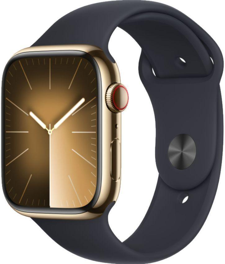 Apple Watch Series 9 (Cellular + GPS) - 64GB - 41mm - Gold Stainless Steel Case with Midnight Rubber Sport Band - Small/Medium Size