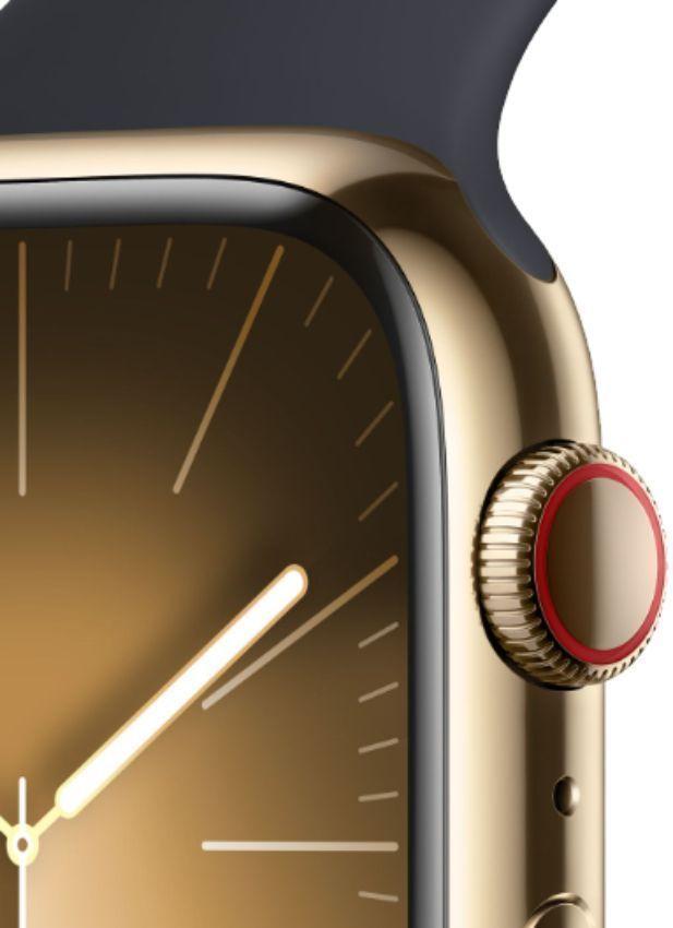 Apple Watch Series 9 (Cellular + GPS) - 64GB - 41mm - Gold Stainless Steel Case with Midnight Rubber Sport Band - Small/Medium Size