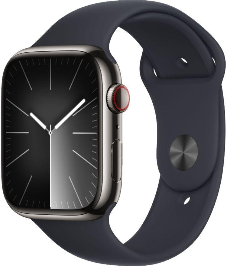Apple Watch Series 9 (Cellular + GPS) - 64GB - 45mm - Graphite Stainless Steel Case with Midnight Rubber Sport Band - Medium/Large Size