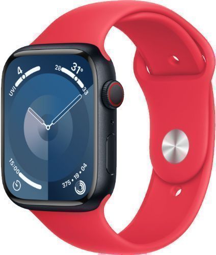 Apple Watch Series 9 (GPS) - 64GB - 45mm - Midnight Aluminum Case with Red Rubber Sport Band - Small/Medium Size