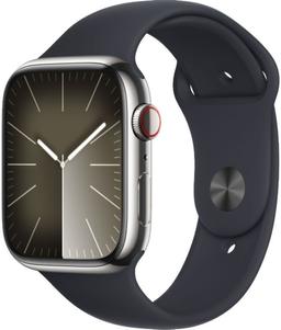 Apple Watch Series 9 (Cellular + GPS) - 64GB - 45mm - Silver Stainless Steel Case with Midnight Rubber Sport Band - Small/Medium Size