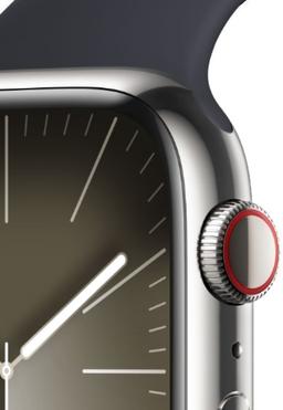 Apple Watch Series 9 (Cellular + GPS) - 64GB - 45mm - Silver Stainless Steel Case with Midnight Rubber Sport Band - Small/Medium Size