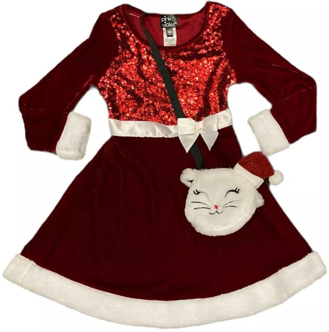 Pink & Violet Holiday Girl's Dress with Cat Purse 5T