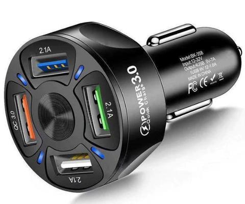 4-Port USB QC 3.0 Car Charger Adapter - Black - Brand New