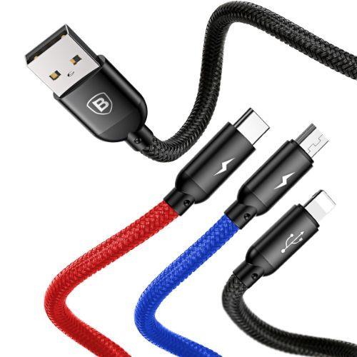 Baseus Phone Cable Three Primary Colors 3 in 1 for iPhone Micro USB Type C (30CM)